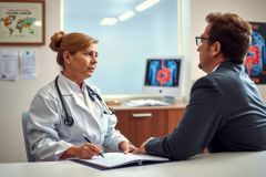 A woman dressed in a doctor's uniform sits at a desk talking to a man. The man is wearing glasses and appears to be receiving medical advice or instructions from the woman. Both individuals are seated facing each other, indicating a consultation or interview taking place.