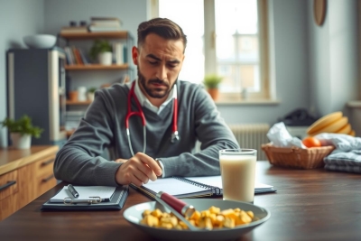 Man, possibly a doctor or healthcare professional, is seated at a kitchen table writing on a notebook with pen. He's looking down and appears focused or thoughtful. The table has various items including food, a drink, and possibly some medical equipment like stethoscope or thermometer indicating a home office setup in a domestic environment.