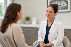 Dentist consulting with a patient in a bright dental office, reassuring post-treatment recovery guidance.