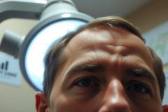 Close-up portrait with a medical examination lamp overhead. Focus is on a person's face, creating a clinical and professional setting. Bright lighting and a shallow depth of field are key features.