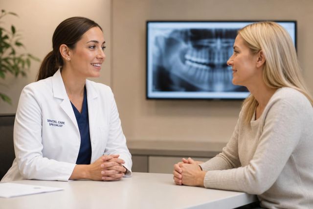 Dental specialist consulting with patient in clinic, panoramic X-ray displayed on monitor.