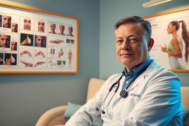 The image features a man, who appears to be a medical doctor or healthcare professional, seated in an office environment. He is wearing a white lab coat over his clothing, which typically signifies his profession. The room is decorated with framed images of the human body, possibly educational diagrams related to healthcare and medicine.