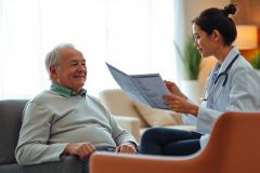 Doctor examines a senior patient during a home visit. Healthcare professional reviewing records with an elderly man in a comfortable living room setting. Focus on wellness and senior care.