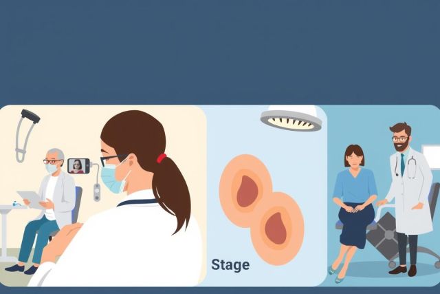 The image depicts a medical office environment with several key visual elements. In the foreground, there is a person wearing a face mask, which suggests a focus on health and hygiene practices. On the right side, two medical professionals are engaged in their work.