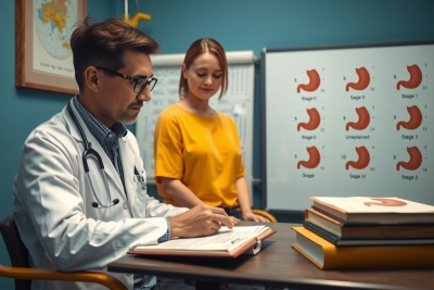 The image shows a man and woman in a medical office setting. The man, dressed in professional attire including a white lab coat, is sitting at a desk with an open book.