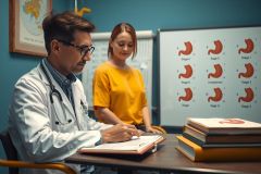 The image shows a man and woman in a medical office setting. The man, dressed in professional attire including a white lab coat, is sitting at a desk with an open book.