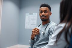 Doctor in a blue medical office consulting with a patient. A young African American male physician wearing a stethoscope engages in a conversation, creating a healthcare and consultation setting. Focus on professional medical care.