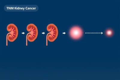 The image presents an infographic about TNM Kidney Cancer. It includes three kidneys with a progression of the disease from left to right. Starting from the first kidney on the left, it shows a normal kidney without any visible signs of cancer.