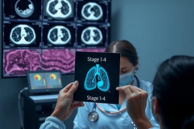 Image showcases a medical setting where two individuals are examining a CT scan. A radiologist is holding an X-ray of lungs and heart, pointing it out to the patient who appears to be concerned about its results. The medical environment is equipped with multiple monitors displaying various medical scans and vital signs.