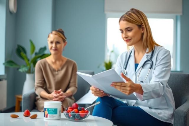 Doctor reviewing patient records in a bright office setting. A patient sits nearby, and a bowl of berries sits on a table. Healthcare, medical consultation, patient care.