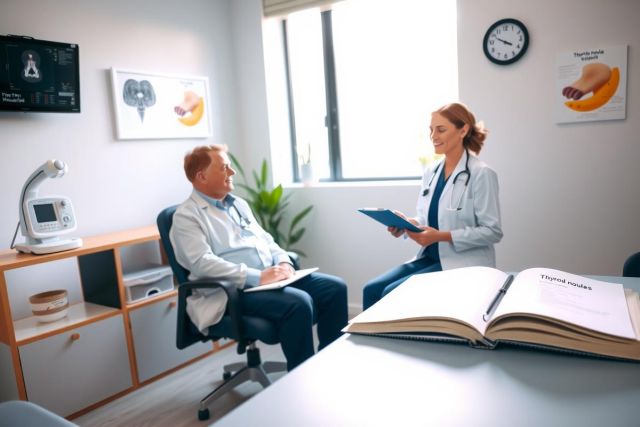 The image shows a professional medical setting where a male doctor and a female nurse are engaged in what appears to be a consultation or examination. The man is seated at a desk with a medical record, the woman stands on the right side of the frame holding a clipboard.