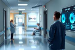 The image depicts a futuristic healthcare setting with two medical professionals. One doctor is standing near the camera, holding what appears to be a tablet or digital device, while another doctor is seated in the background, engrossed in an interactive interface on the wall. They are dressed in sterile attire and appear to be examining patient data on screens.