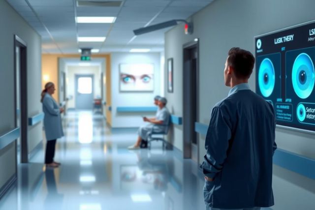 The image depicts a futuristic healthcare setting with two medical professionals. One doctor is standing near the camera, holding what appears to be a tablet or digital device, while another doctor is seated in the background, engrossed in an interactive interface on the wall. They are dressed in sterile attire and appear to be examining patient data on screens.
