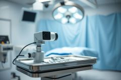Surgical robot on a sterile instrument tray in an operating room. Bright, cool blue lighting illuminates the scene, featuring surgical tools and medical equipment. Focus on advanced healthcare technology and surgical procedures.