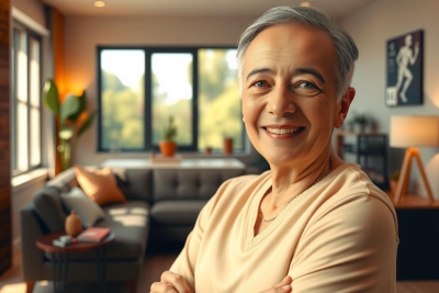 A smiling, older woman in a modern living room, with couches and decorative elements around her. The image portrays a warm, homely environment.