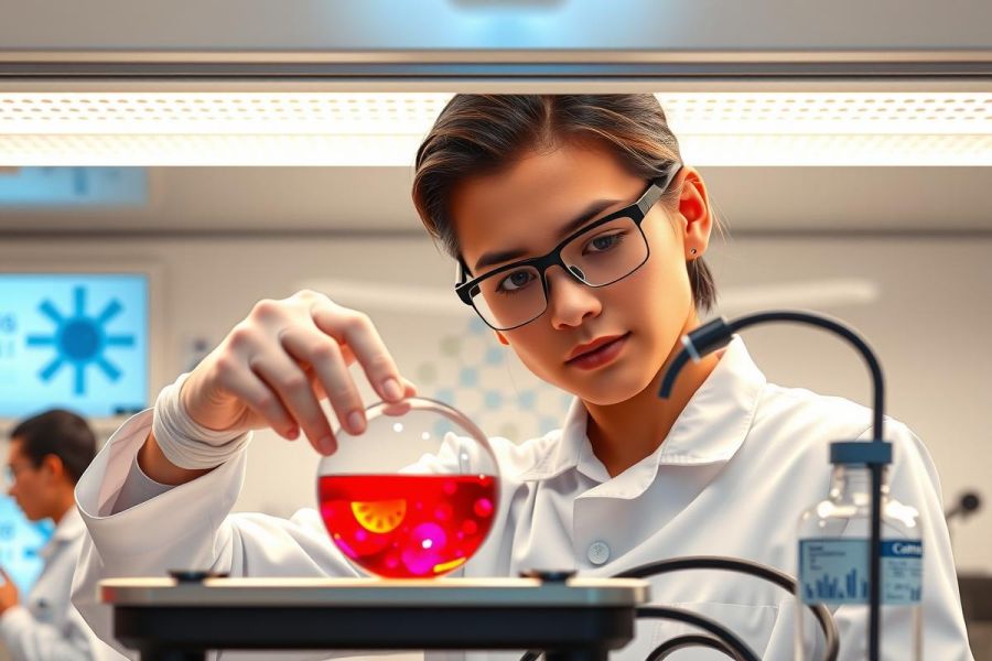 Scientist in lab coat examining a vibrant pink and purple liquid in a glass beaker. Research setting with equipment visible. Focus on chemistry and scientific experimentation.