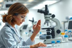 Scientist in lab coat using a microscope, performing research. The image shows a laboratory setting with equipment and test tubes, suggesting scientific investigation and analysis.