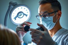 Doctor examining patient with otoscope. Medical professional in surgical mask and glasses performs ear examination in a clinic setting. Bright, clinical lighting highlights the procedure.