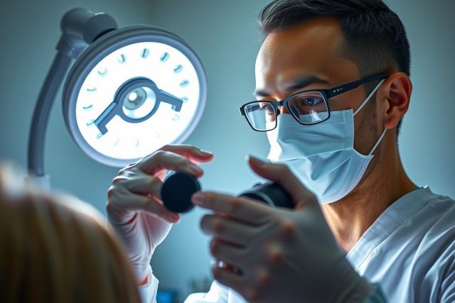 Doctor examining patient with otoscope. Medical professional in surgical mask and glasses performs ear examination in a clinic setting. Bright, clinical lighting highlights the procedure.