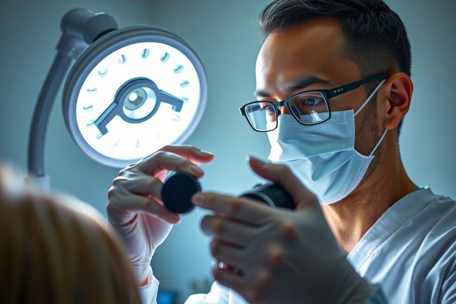 Doctor examining patient with otoscope. Medical professional in surgical mask and glasses performs ear examination in a clinic setting. Bright, clinical lighting highlights the procedure.