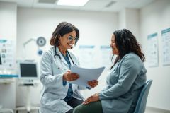 Doctor consults with a patient in a bright, modern clinic. A female doctor in a white coat reviews paperwork with a smiling patient. Healthcare, medical examination, and wellness themes are apparent in this interior scene with neutral colors.