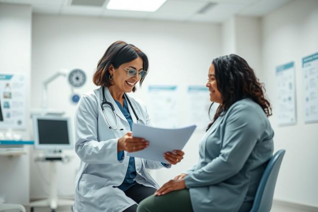 Doctor consults with a patient in a bright, modern clinic. A female doctor in a white coat reviews paperwork with a smiling patient. Healthcare, medical examination, and wellness themes are apparent in this interior scene with neutral colors.