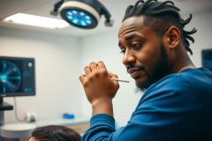 A man in a blue shirt stands in what appears to be a medical setting, possibly a doctor's office or operating room, holding a pen and speaking. The room has medical equipment and lighting.