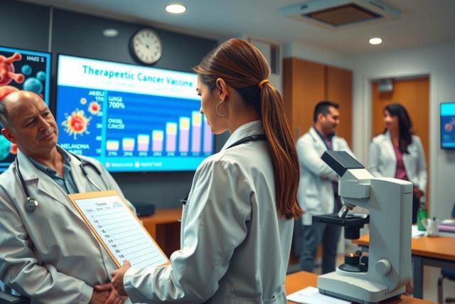 Image depicts a professional medical setting with doctors in lab coats engaged in discussion. Central focus is on collaboration between two individuals, one holding what appears to be a clipboard or folder.