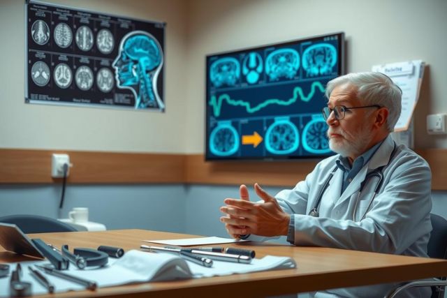 The image shows a man dressed as a doctor sitting at a desk with medical equipment and patient records. The setting appears to be a modern medical office, indicated by the presence of advanced technology such as monitors displaying brain scans and patient data.