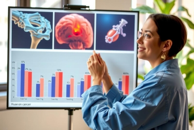 The image depicts a woman in a lab coat presenting a medical slideshow. She is standing next to a screen displaying multiple images of human body parts such as bones, organs, and brain sections. The setting appears to be a modern office or classroom environment with a whiteboard visible on the wall behind her.
