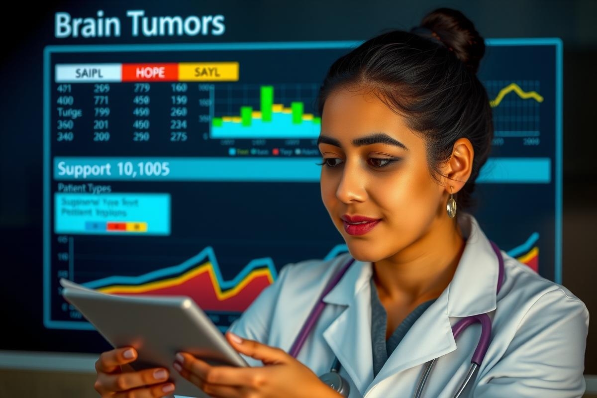 The image shows a female doctor using a tablet computer with multiple digital charts and graphs displayed behind her. The setting appears to be a medical or health-related office environment, possibly for researching or monitoring patient data.