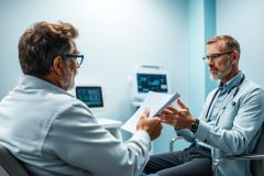 Doctor consults with senior patient in a modern clinic. Healthcare professional discusses documents with an older man, in a blue-toned examination room setting. Focus on medical consultation, patient care, and health checkup.