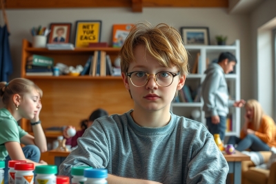 A young girl wearing glasses is sitting at a table in a library. She's surrounded by books and toy bottles. A boy and girl are seated nearby, looking away from the camera. The girl wears a blue t-shirt and has blonde hair. In the background, there's a whiteboard with an alphabet chart on it. Additional objects in the room include a bookshelf filled with various books, a potted plant, and a chair.