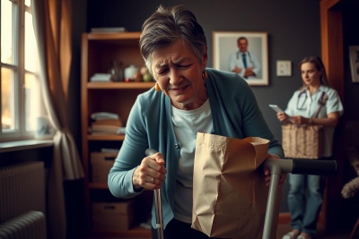 In the image, an elderly woman is seen in a room with hardwood floors and a bookshelf. She is dressed in a blue cardigan and holds a paper bag in her hands. Behind her, another woman is present. The room is filled with various items such as books and bottles.