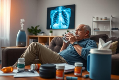 The image depicts an elderly man sitting in a living room, wearing a light blue button-down shirt and khaki pants. He is holding a glass of water and appears to be taking his medication. The room has various items scattered around, including bottles of medicine on the table, a couch in the background, and a TV showing an image of a human skeleton, possibly indicating that he is watching a medical show or documentary. The overall setting suggests a relaxed environment with elements of modern living combined with personal healthcare.