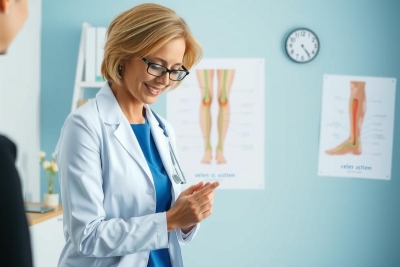 A female doctor in a white coat explains something to a patient in an examination room. Medical charts are visible on the wall. The setting appears clinical and professional.