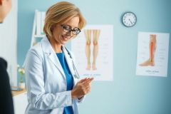 A female doctor in a white coat explains something to a patient in an examination room. Medical charts are visible on the wall. The setting appears clinical and professional.