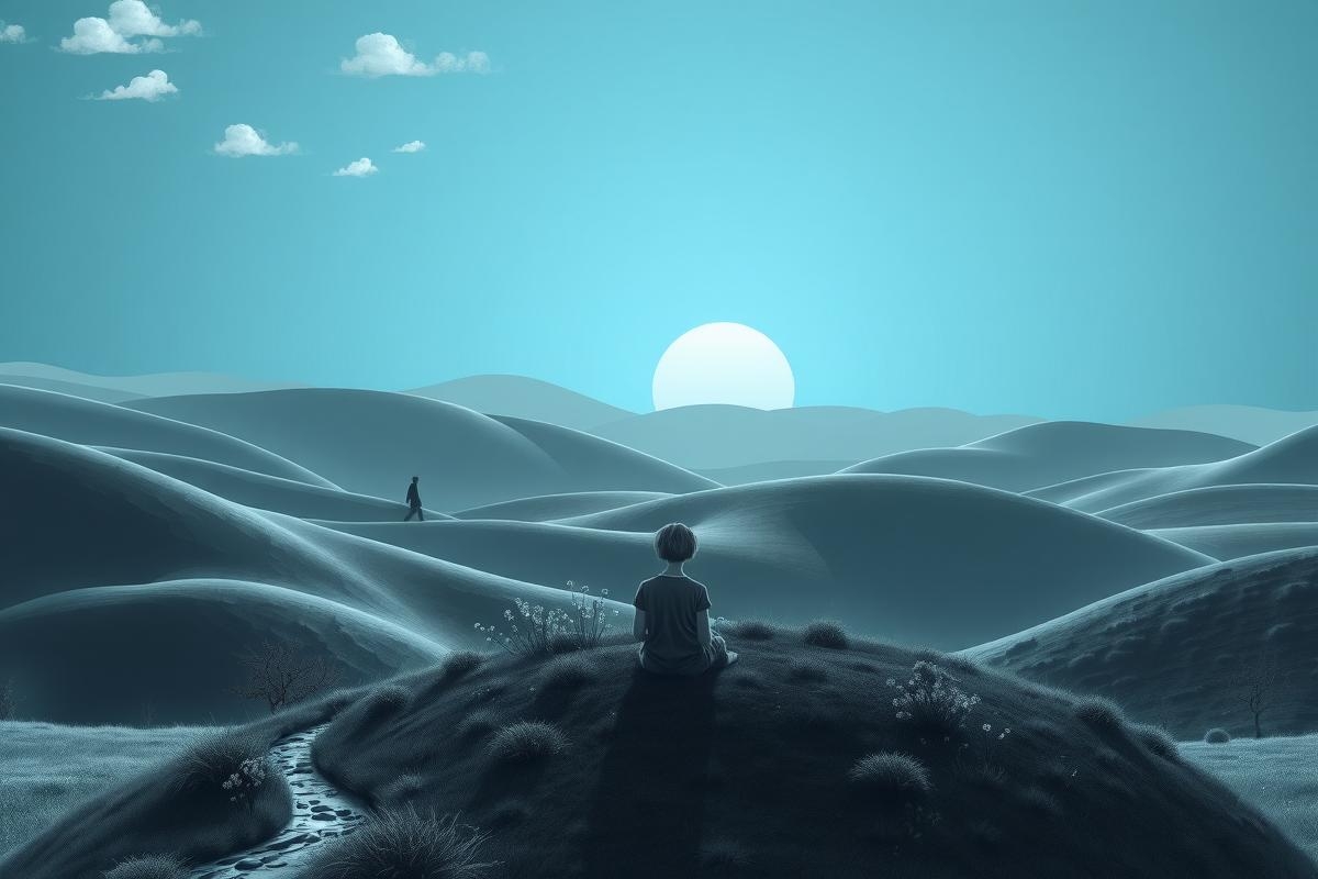 The image depicts a vast desert landscape during sunset. The sky is painted with shades of blue, indicating the time of day as evening. In the distance, the setting sun casts a warm glow on the sand dunes. There's a lone figure in silhouette sitting on one such dune, adding a sense of solitude to the scene.