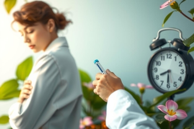 In the image, two people are engaged in what appears to be a medical consultation or discussion. The person on the left is holding their chest and looking concerned, while the person on the right seems to be showing them something with a device that could be a thermometer or other health-related tool.