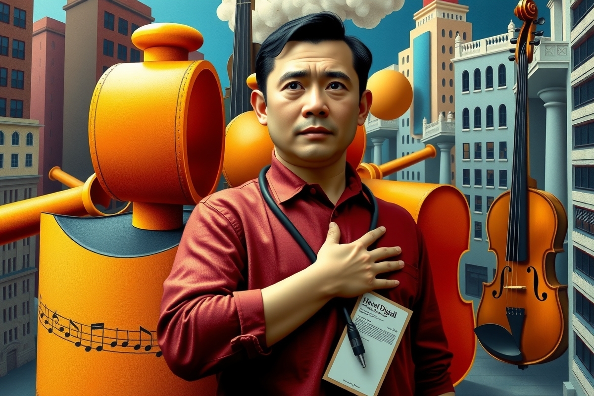 An Asian man stands in front of a large orange machine. He's wearing a red shirt and has his hands crossed over his chest. In the background, there are buildings with columns and statues. The man also holds a name tag that reads 'Jai' on it.