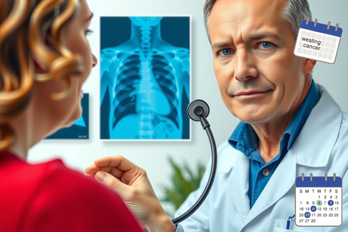 An elderly doctor in a blue shirt and gray tie, wearing glasses, looking at an X-ray. He is standing next to a calendar that says 'doctor's appointment'. The date on the calendar is August 24th. The X-ray shows a heart with significant blockages and a stethoscope is being held up to it by the doctor.