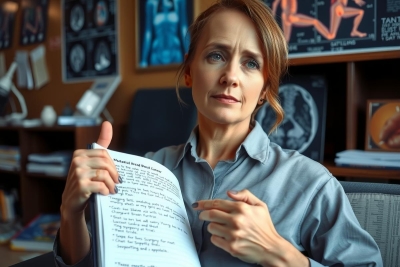 The image features a woman, possibly an expert or doctor, sitting at her desk with medical diagrams and notes in front of her. She is wearing a white lab coat which suggests a professional medical setting. Her expression is serious as she examines the papers in front of her. The environment includes books, charts, and various medical equipment, indicating a clinical or academic context.