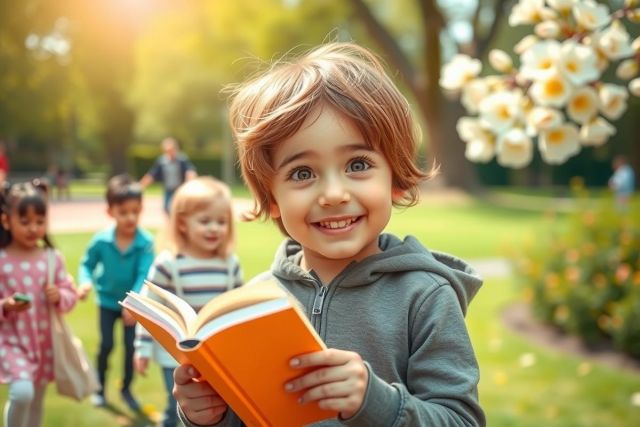 The image features a young child reading a book outdoors. The child is in focus, wearing a gray hoodie and appears to be enjoying the read. The background shows a sunny day with blurred figures of other children playing on the grass, suggesting a park or a similar setting. The colors are vibrant, with shades of green from the trees and yellow from the flowers adding warmth to the scene.