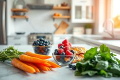 Healthy breakfast scene in a bright, modern kitchen. Fresh blueberries, strawberries, carrots, and spinach are arranged on a marble countertop. Focus on vibrant colors and a clean, wholesome aesthetic, perfect for healthy eating and kitchen inspiration.