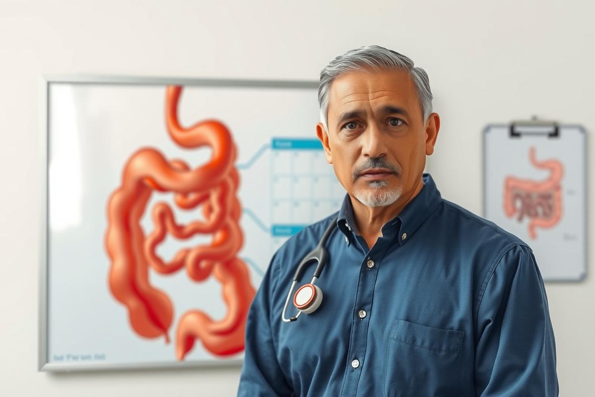 The image shows a healthcare professional, likely an internist or gastroenterologist, standing in front of a display that features diagrams of the human digestive system.