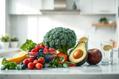 Healthy eating concept: vibrant fruits and vegetables including broccoli, avocado, berries, tomatoes, and an apple displayed on a kitchen counter. Fresh produce, bright colors, and a clean, modern kitchen setting promote a healthy lifestyle.