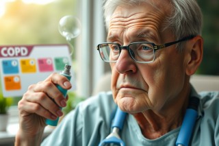 An elderly man in a hospital setting looks at a balloon through a light blue pen. The word COVID is visible on the background. He wears glasses, has white hair and is dressed in a gray shirt. A stethoscope is draped around his neck.