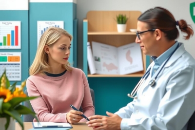 The image depicts an indoor setting where a healthcare professional and a patient are engaged in a consultation. The environment suggests a modern medical office with contemporary furnishings.