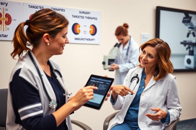 Two nurses in a modern clinic setting, discussing medical tablets displaying patient data on a screen. The room has white walls and is well-lit with natural light, emphasizing the importance of healthcare information technology.