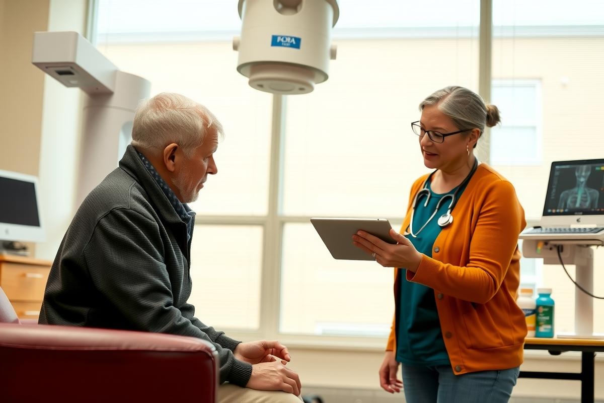 In the image, an elderly gentleman is seated on a red couch in what appears to be a medical or healthcare setting. He is looking at and interacting with a nurse, who is standing by his side, wearing a white lab coat over an orange sweater vest. They are engaged in what seems like a discussion or consultation, possibly related to the gentleman's health or treatment plan.